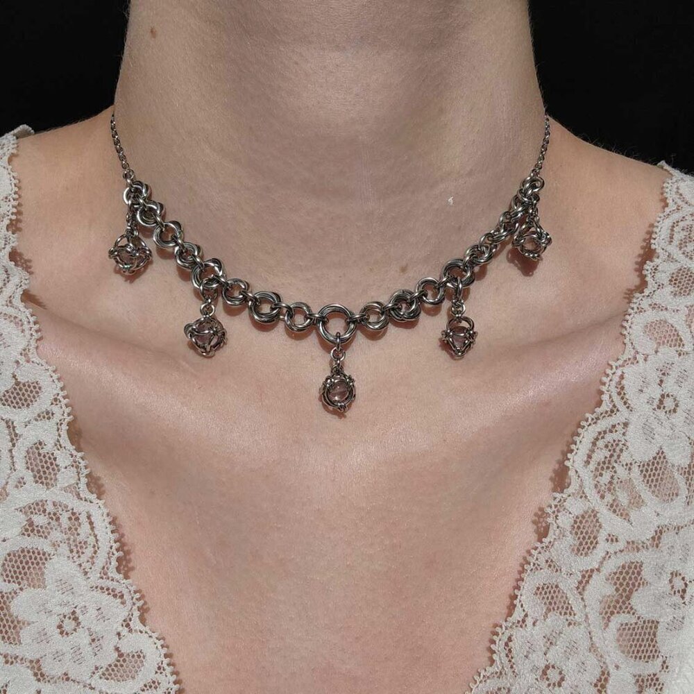 Gothic fairy purple caged pearl chainmail choker necklace with a small silver ch